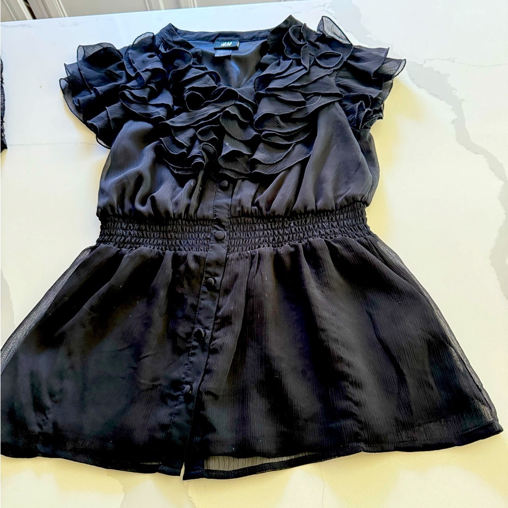 H&M Black Blouse with Ruffles and Cap Sleeves, size 6